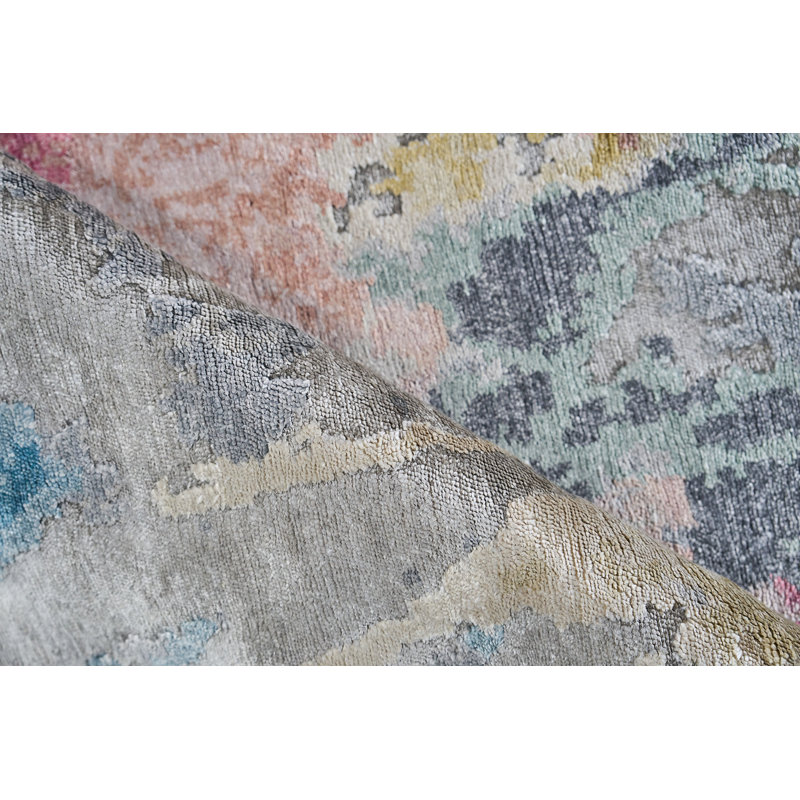 Rectangle Floor Art Abstract Hand-Knotted Bamboo Slat/Seagrass Area Rug in Silver/Blush, Rectangle 4' x 6'