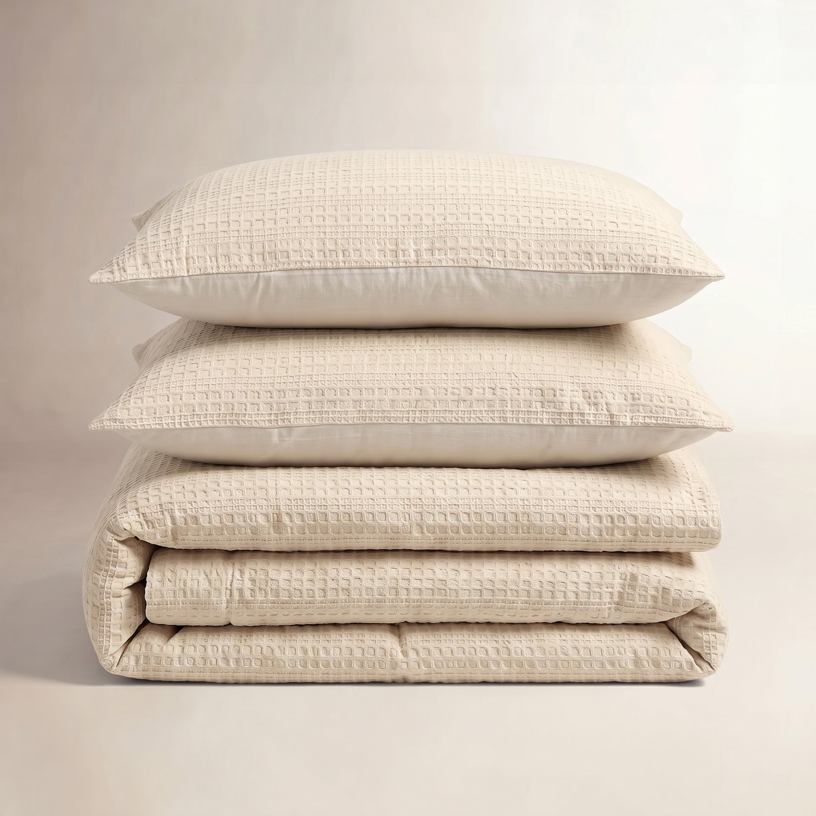 Haniya Solid Waffle Cotton Duvet Cover Set, Beige, King Duvet Cover + 2 King Shams