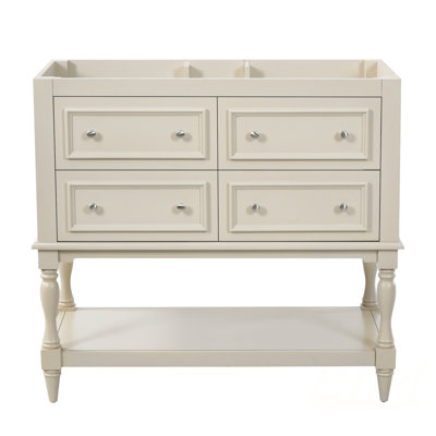 Armoire de salle de bain 36 po, ensemble de meuble-lavabo autoportant avec 4 tiroirs, armoire de salle de bain avec cadre en bois massif, beige, meuble-lavabo (sans lavabo)