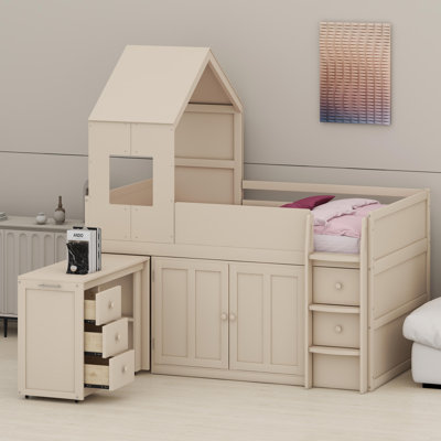 Plateforme de couchage surélevée avec bureau intégré et système de rangement complet