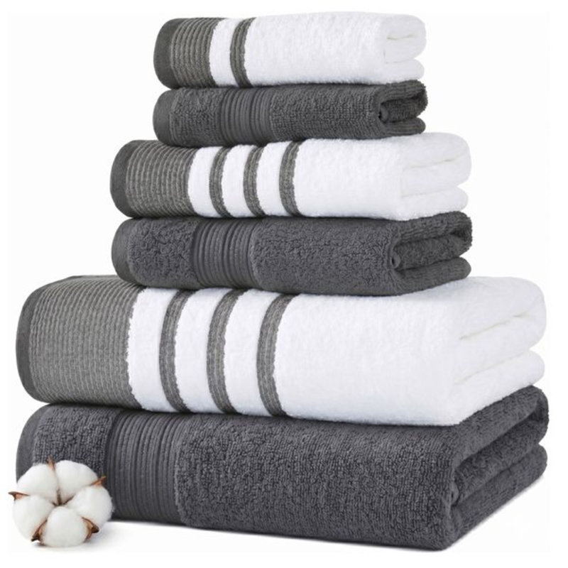 Modern Threads 6 Piece Set, 2 Bath Towels, 2 Hand Towels, 2 Washcloths, Quick Dry White/Contrast Reinhart, Coal