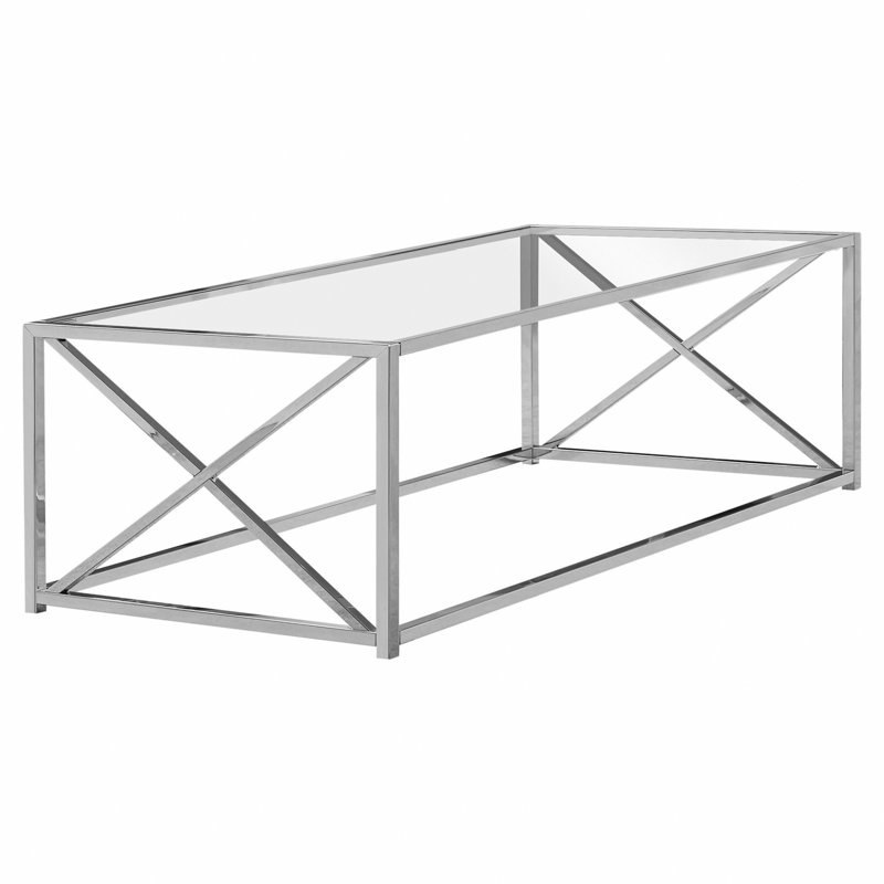 Table basse, accent, cocktail, rectangulaire, salon, L 44 po, verre trempé transparent, métal chromé, contemporain, moderne