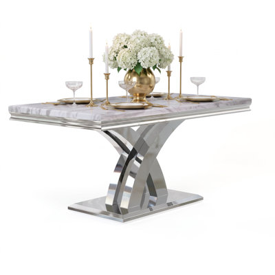 Luxury White Dining Table with Mirrored Silver Double X-Cross Base
