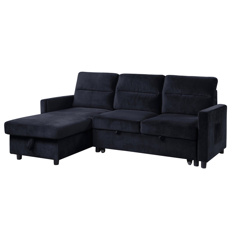 Canapé-lit modulaire en velours noir avec méridienne de rangement et poche latérale pratique réversible