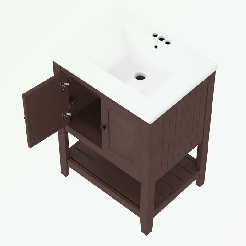 Bathroom Vanity with Ceramic Sink and Open Style Shelf, Brown