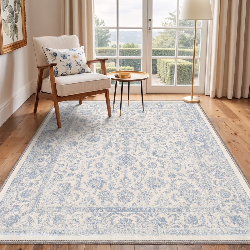 Tapis oriental ivoire / bleu lavable à la machine avec envers antidérapant, Rectangle 5 pi x 7 pi