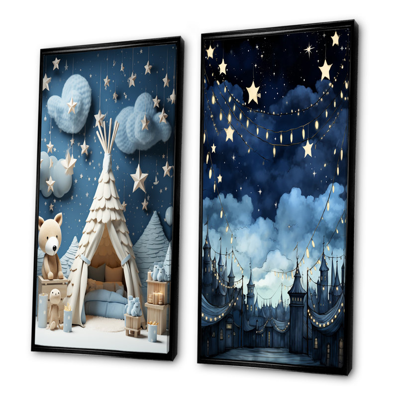 «Child Nursery Starry Night I», ensemble de 2 reproductions d'art sur toile, H 40 po x l 41 po, Cadre flottant noir