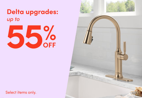 Delta upgrades up to 55% off on select items featuring a gold kitchen faucet on a marble countertop.