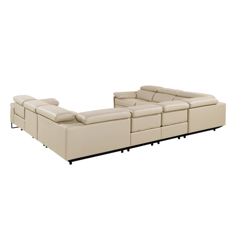 Top Grain Italian Leather 8-Piece U-Shaped Modular Power Reclining Sectional With 4 Power Recliners & Power Headrests – No Console
