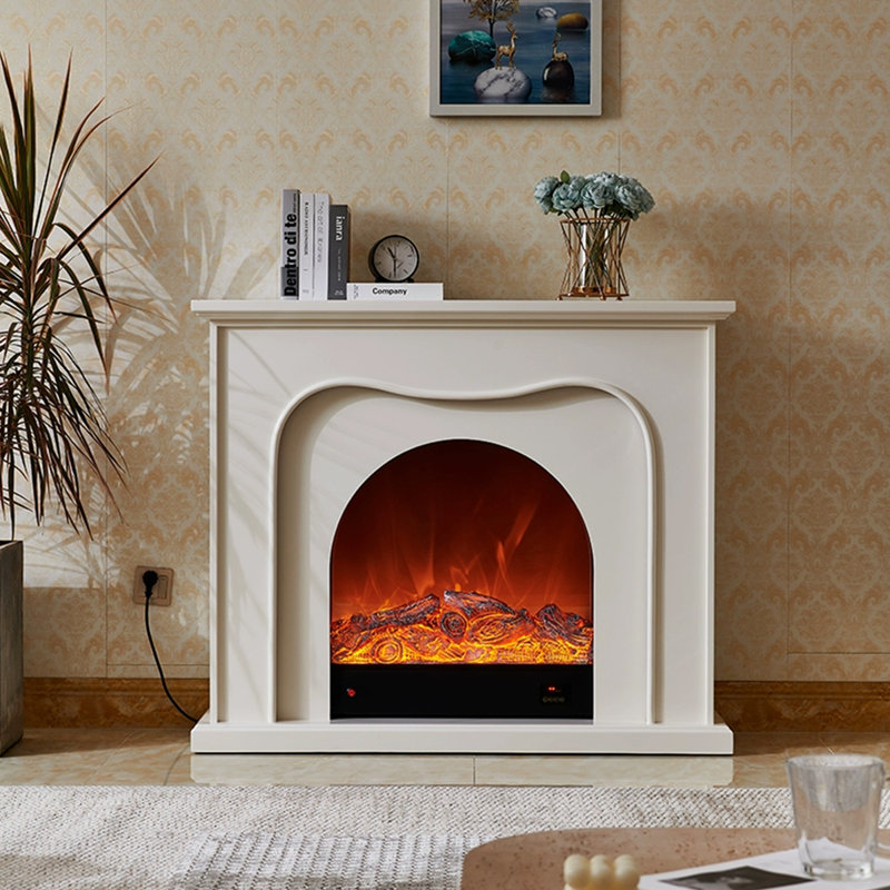 Beige Solid Wood Electric Fireplace