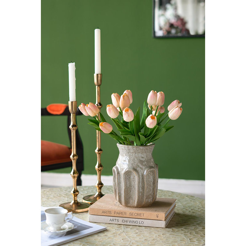 Decorative Ceramic Vase with Textured Ridged Design - 6" x 6" x 8" - Gold