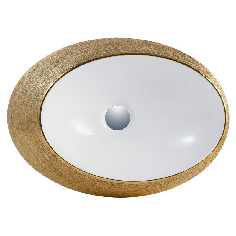Vitreous China Oval Vessel Bathroom Sink with Overflow, Brushed Gold