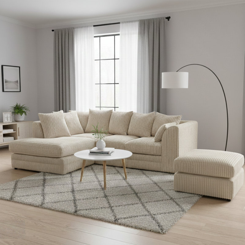 Soft Fabric Jumbo Cord 4 Seater L Shape with Foot Stool Upholstered Living Room Sets, Left Hand Facing, Cream