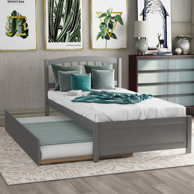 Lit plateforme simple à structure en bois avec lit gigogne, gris, robuste et peu encombrant pour les chambres à coucher modernes