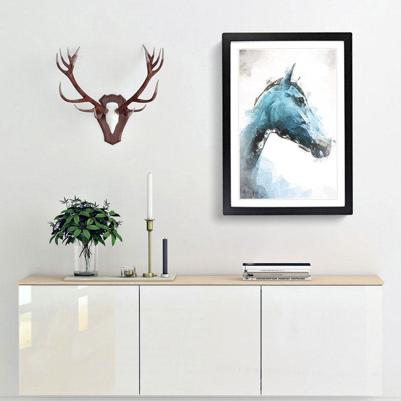 Steel Blue Horse in Abstract - Framed Print, 65cm H x 48cm W x 2cm D, Black Framed