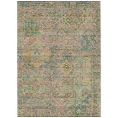 10' X 14' Green Teal Blue And Mauve Floral Medallion Washable Indoor Outdoor Area Rug