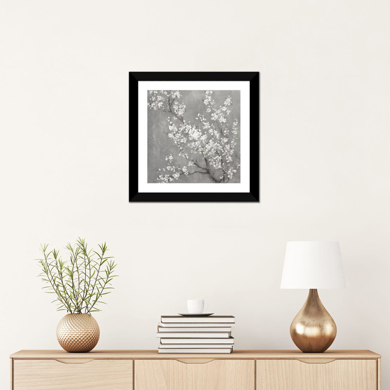 « Cherry Blossoms II on Grey crop » par Danhui nai, reproduction d’art, H 16 po x l 16 po x p 1 po, Papier encadré noir
