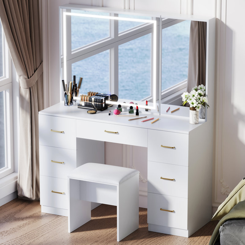 Vanity Desk with Mirror and Lights, Makeup Vanity Desk with 7 Drawers & Cushioned Stool, Hidden Cabinet, Brightness Adjustable, Vanity Table for Bedroom, Dressing Room, Women, Girl (White)