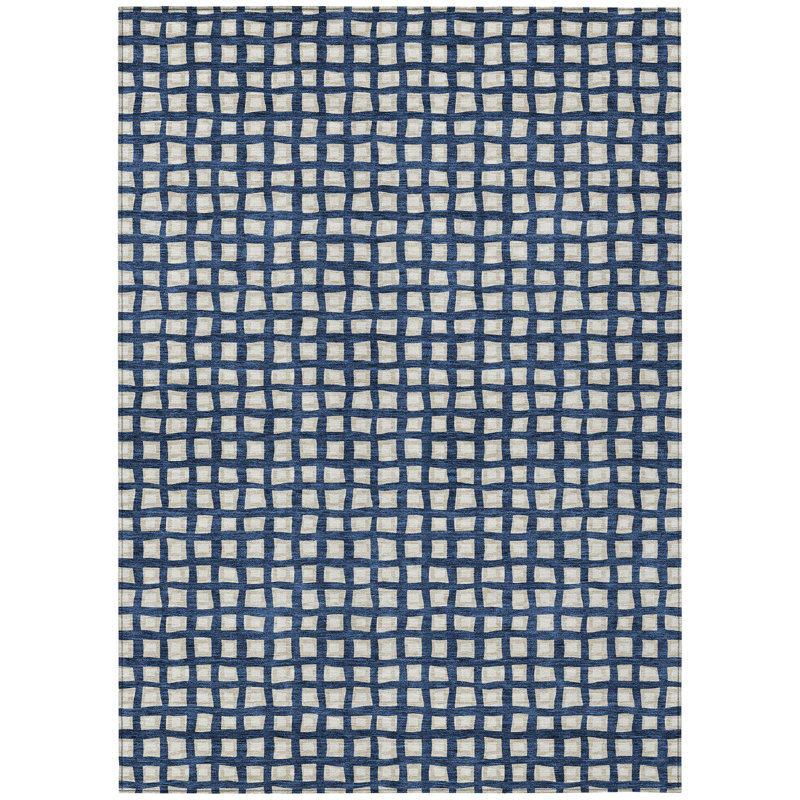 Tapis intérieur / extérieur géométrique lavable 9 pi x 12 pi bleu marine et ivoire