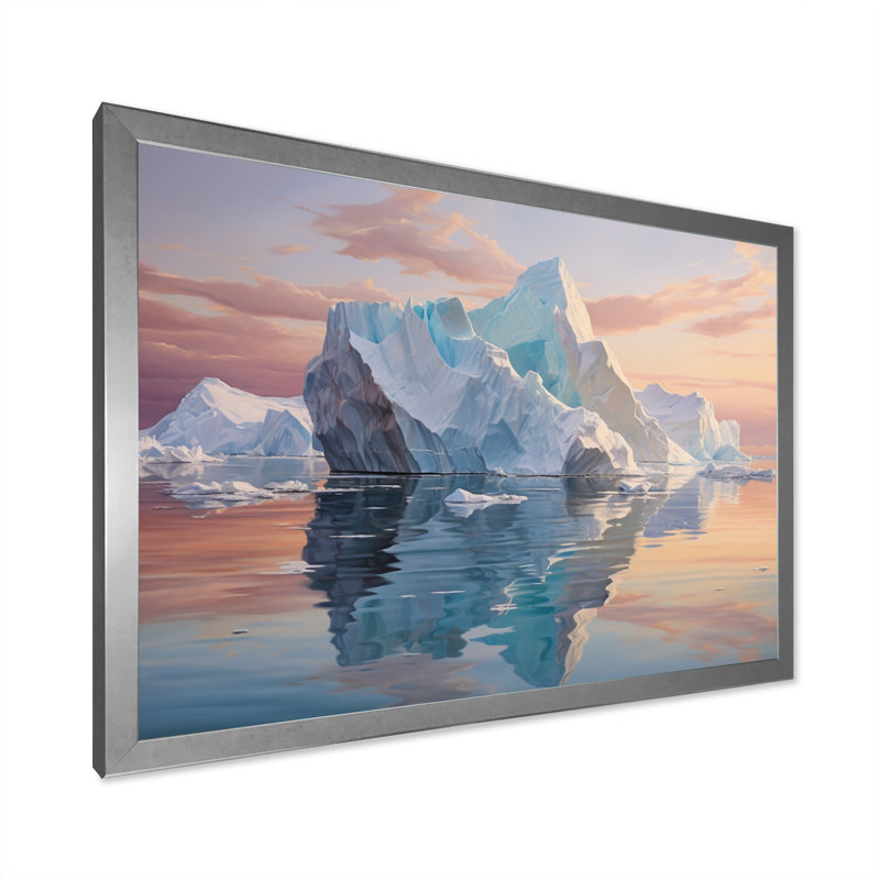Teal Peach Iceberg Frozen Serenity, Cadre simple argenté, H 16 po x l 32 po x P 1 po