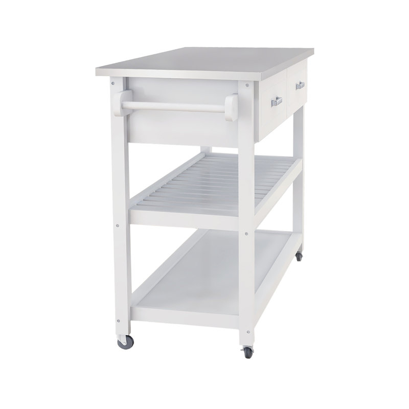 Chariot de cuisine blanc avec surface en acier inoxydable - deux tiroirs pour une organisation soignée et une structure stable