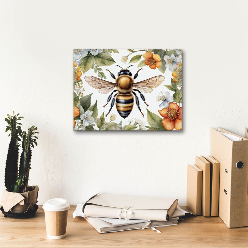 «Bee Parmi Watercolor Flowers» par Momart, art mural sur toile, H 12 po x l 16 po x P 0,75 po