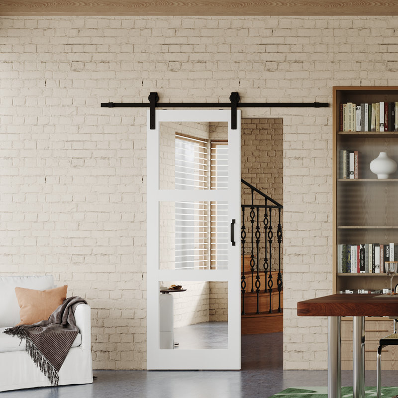 Design de surface à miroir - Ensemble de 3 portes coulissantes pour grange avec quincaillerie en bois manufacturé, 2