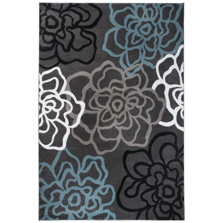 Carius Performance Floral Gray/Blue/Black/White Area Rug