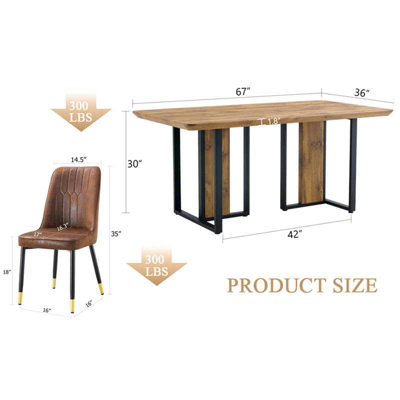 Salle à manger 67 po x 36 po à texture de bois avec 6 chaises sans accoudoirs en suède brun, structure solide, rebord lisse, pieds antidérapants, assemblage rapide