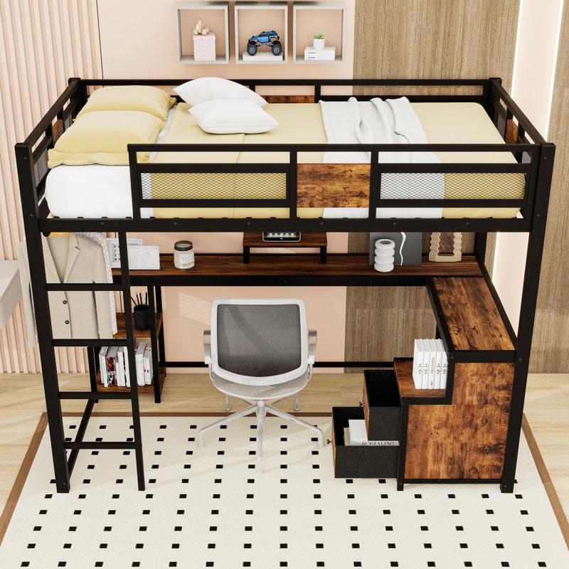 Twin XL Two Drawers Metal Loft Bed with Desk and Guardrails
