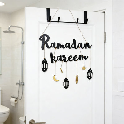 1 panneau de porte Ramadan, panneaux suspendus en bois, Ramadan ornements décoratifs creux lune et étoiles, forme de lune Ramadan Mubarak parti mur cintre pour la décoration de la maison