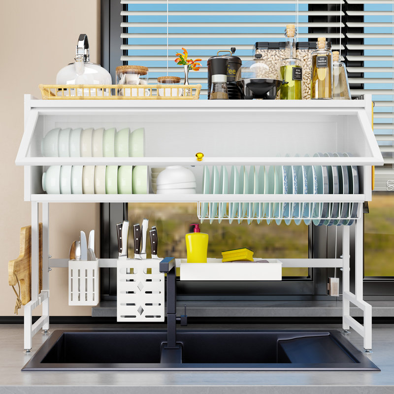 2 Tiers Dish Drying Rack with Door, Freestanding Dish Rack with Large Capacity Modern Dish Drainer Cabinet Over Sink Countertop Cutlery Drainer White for Home Kitchen
