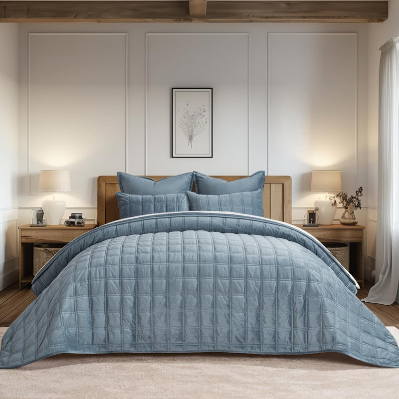 Double Box Stitch Velvet Quilt set, Blue Linen, King Quilt + 2 King Shams