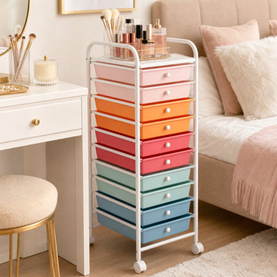 Chariot de rangement à roulettes à 10 tiroirs pour le bureau et la maison - Chariot utilitaire mobile à roulettes - Organisez vos fournitures de loisirs créatifs, maquillage et produits de base pour l'entraînement - Coloré