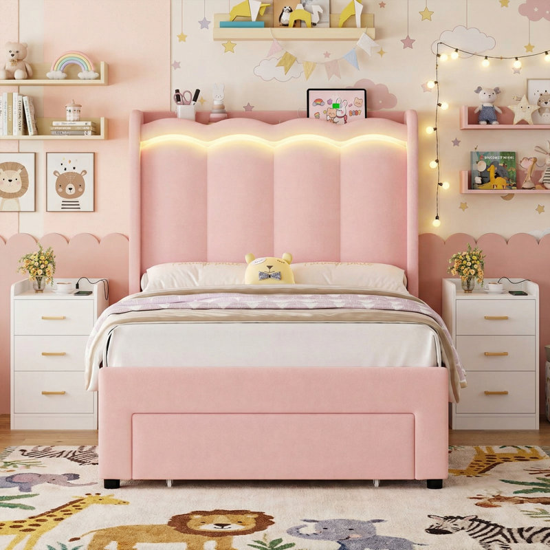3-Piece Bedroom Sets, Upholstered Storage Bed with Open shelf, 2 Nightstands with 3 Drawers, Pink, Twin