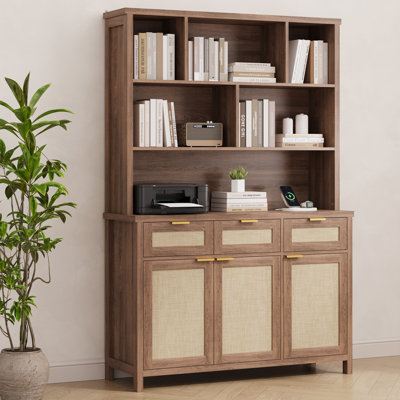 71" Tall Bookshelf, 5-Tier Bookcase With Rattan Doors, Wood Farmhouse Bookcase With 3 Storage Drawers & Cabinet, 4 AC Outlets & 2 USB