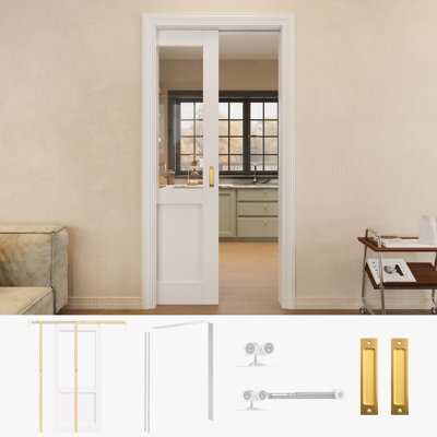 Porte de garde-robe coulissante en verre transparent 36 po x 80 po avec quincaillerie dorée et cadre de porte blanche