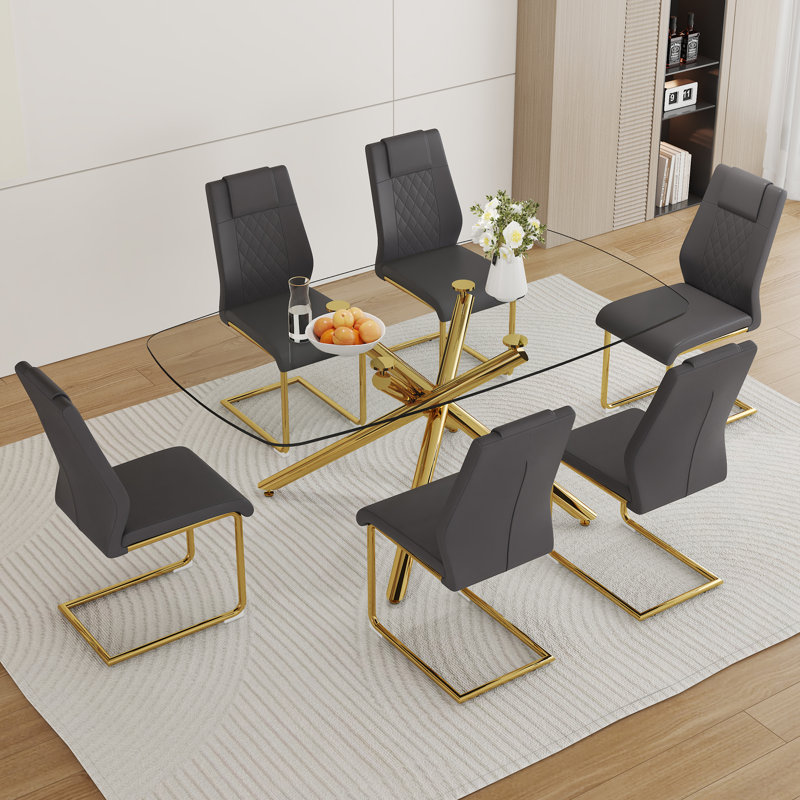 Ensemble de table de salle à manger 71 "en verre pour 6, ensemble de table et chaises de cuisine 7 pièces, pour le salon, petit espace (inclure 6 chaises grises)