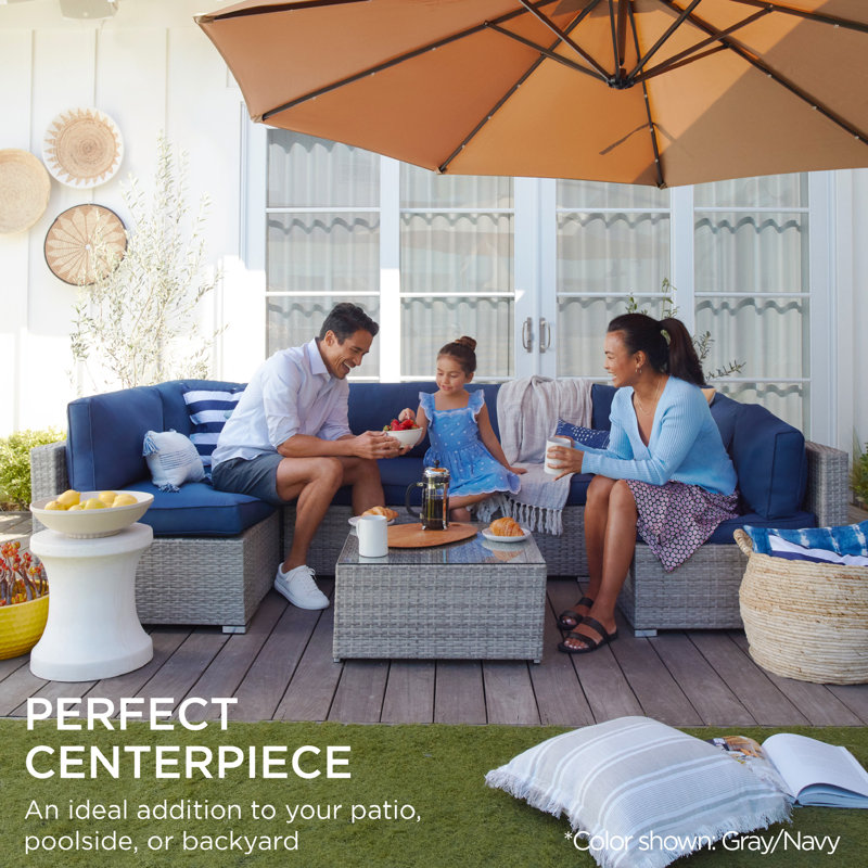 Gray and Navy 7-Piece Outdoor Wicker Sectional Set with Cushions
