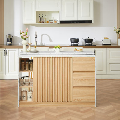 55.1" Kitchen Island With Sliding Table Top, Kitchen Cabinet With Storage And Power Outlet