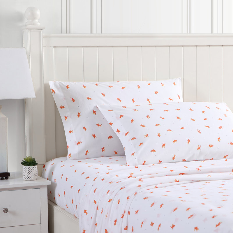 Ensemble de draps en coton percale Poppy & Fritz, Ensemble de draps lit simple + 1 taie d'oreiller, Orange poisson rouge