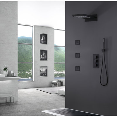 Thermostatic 4-Function Solid Brass Shower System with High Pressure 3 Body Jets and Rough-in Valve