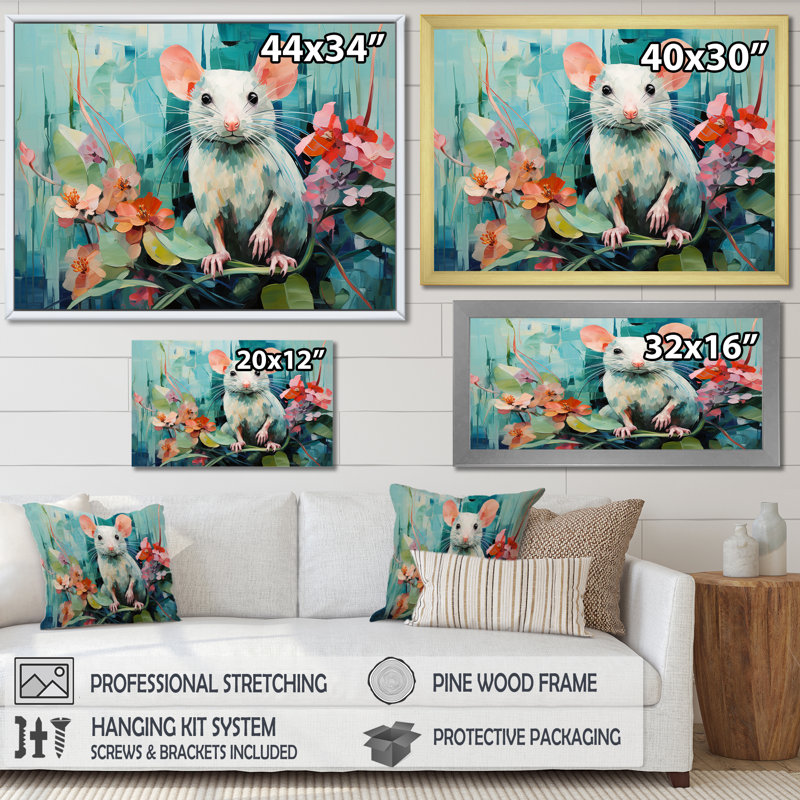 «Green Curious Rat Blooms» - souris, art mural, Cadre flottant doré, H 24 po x l 32 po x P 1 po