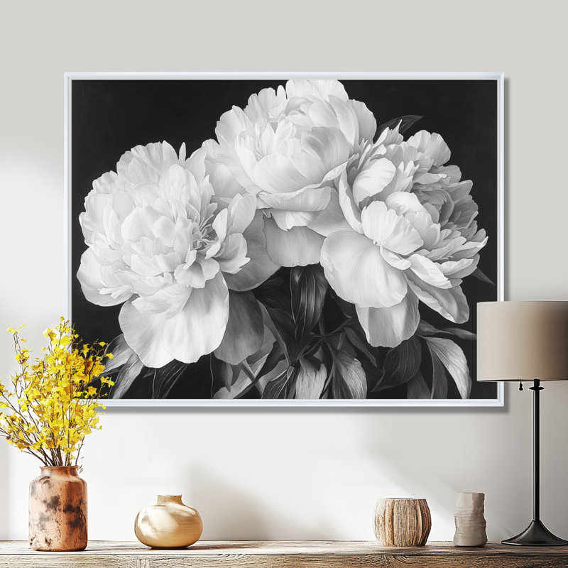 Pivoines en blanc et noir - pivoines, art mural, Impression dans un cadre flottant sans passe-parto, H 16 po x l 32 po, Blanc