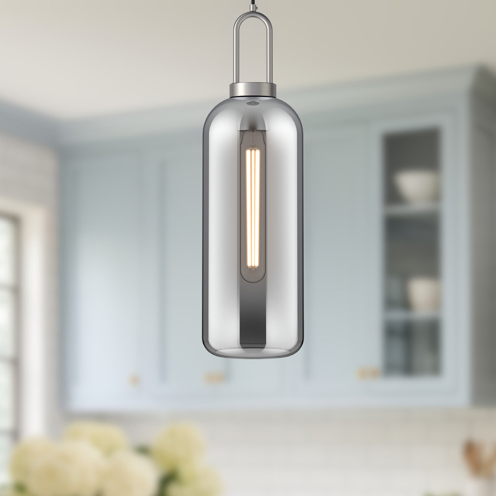 Minneapolis Single Light Glass Pendant, Brushed Nickel, Smoke, 20.75" H x 6" W x 6" D 