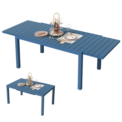 4-8 Person HDPE Wood Grain Tabletop & Aluminum Frame Rectangular Outdoor Extendable Dining Table with Safety Locks & Adjustable Legs