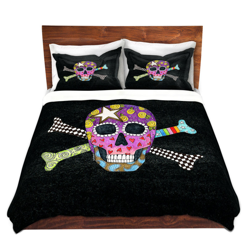 Ensemble de housse de couette pour le crâne et les os cross, 1 housse + 2 taies très grand lit, Noir / mauve