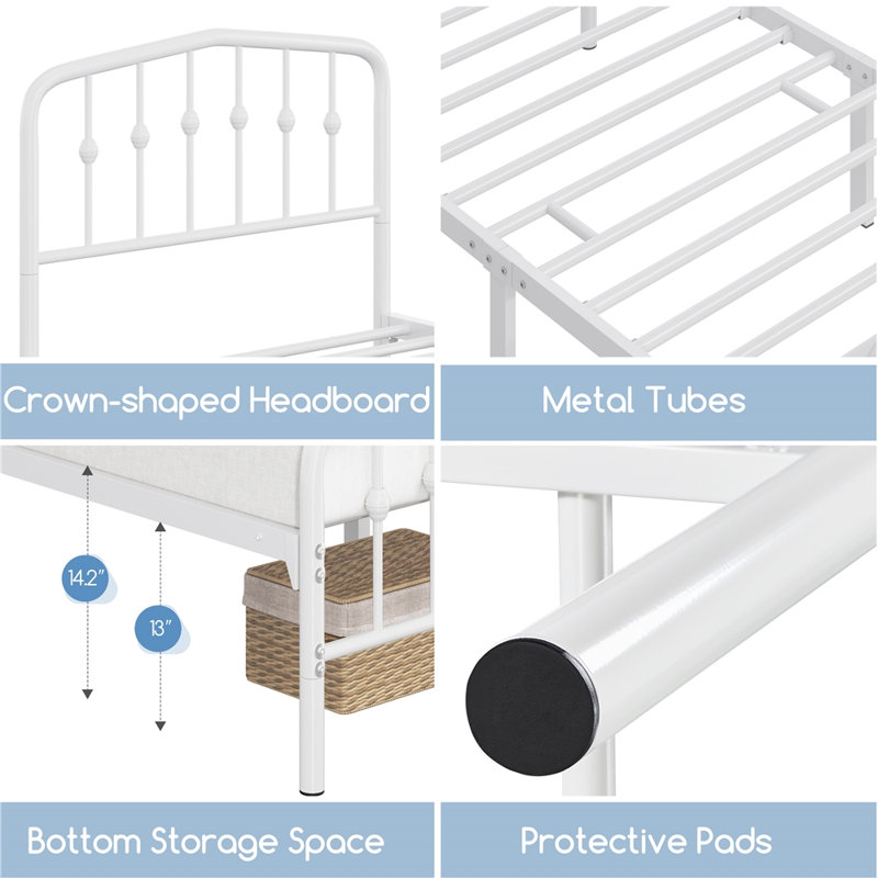White Twin Metal Platform Bed with Victorian Headboard and Footboard