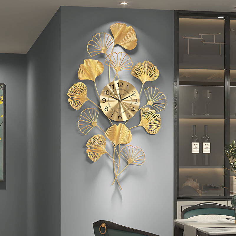 Horloge murale 35 pouces feuille de gingko silencieuse sans tic-tac