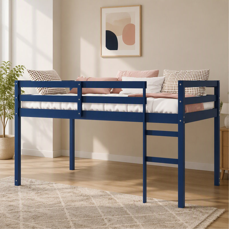 Lit mezzanine simple en bois massif et en bois d'hévéa avec échelle, plateforme de lattes renforcées, bleu, Bleu